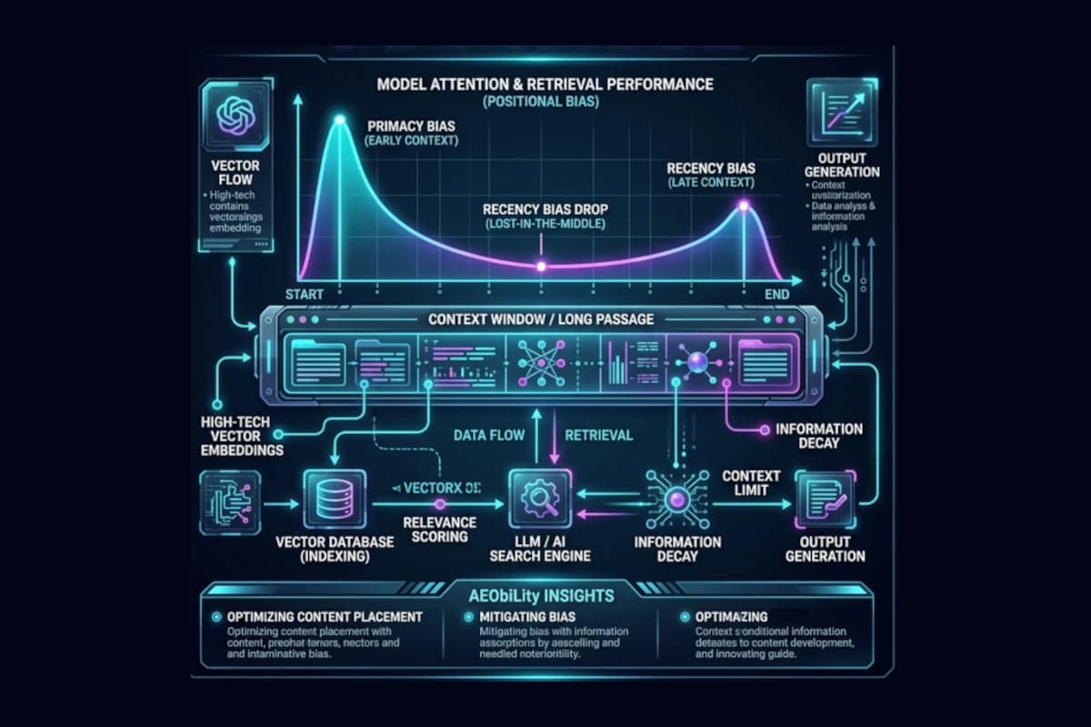 Positional bias architecture diagram depicting AI search dense vector retrieval, LLM context window attention dilution, primacy and recency spikes, and Answer Engine Optimisation (AEO) entity salience by AEObility in Perth, Western Australia.