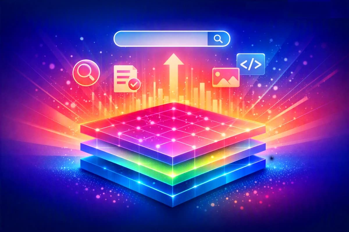 Abstract hyper‑gradient illustration showing SEO as the foundational input layer for modern search, with a glowing structural grid representing crawlable architecture, rising lexical signal ribbons symbolising keywords and metadata, and floating semantic nodes depicting entity relationships used by AI search, AEO and RAG systems.